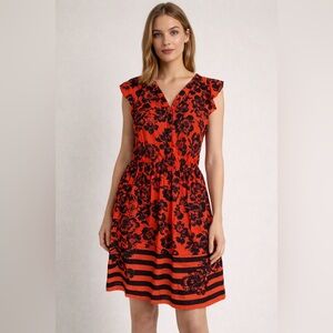 KENSIE Vibrant Red Black Floral Print Ruffle V-Neck Sleeveless Striped Dress